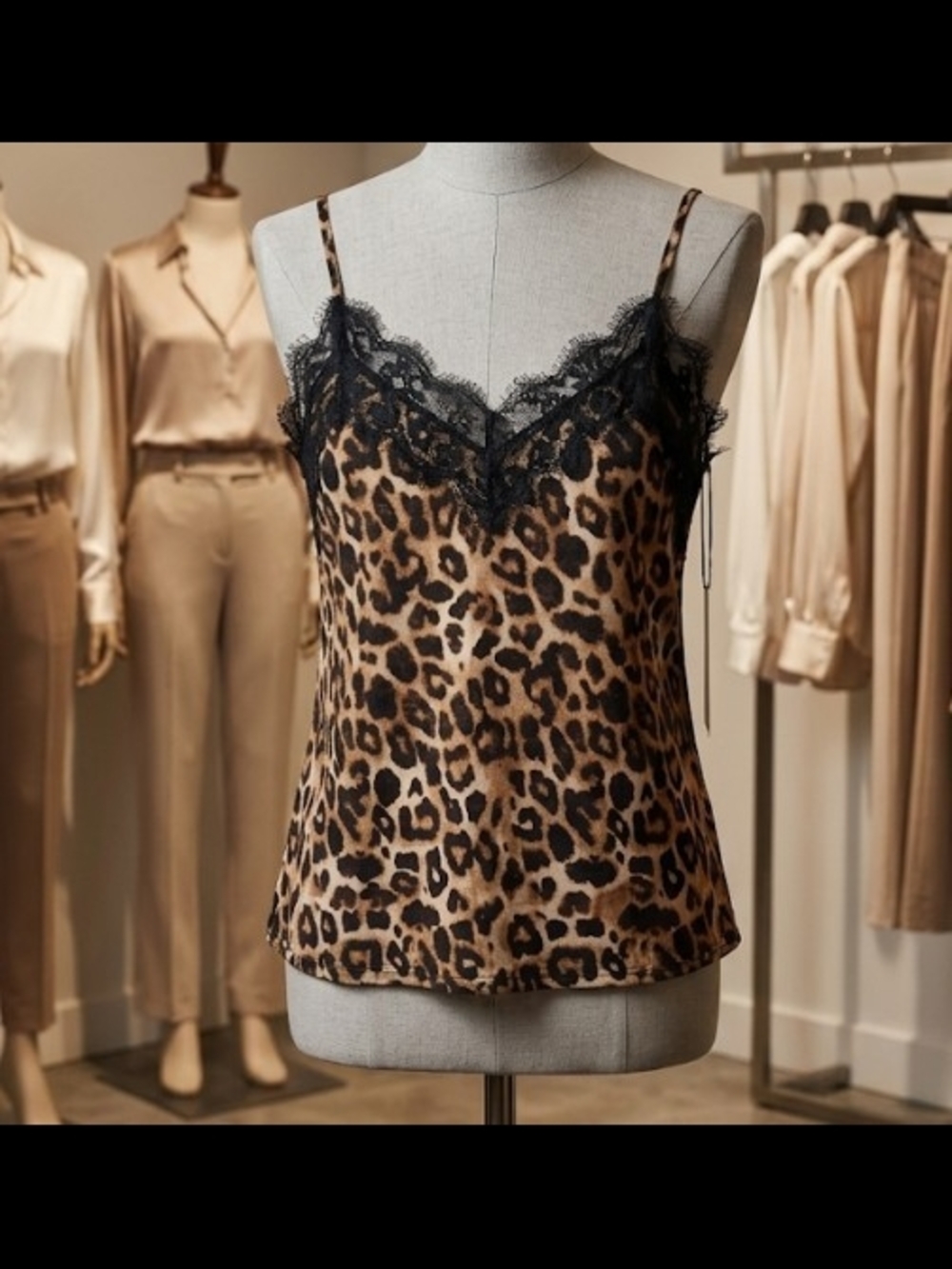 Zara Leopard Lace-Trim Cami (Sz S) Chic Capsule Layer Animal Print